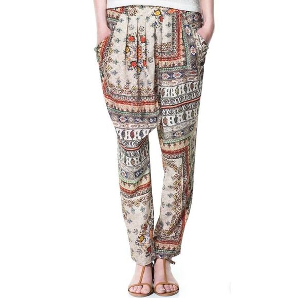 Zara Pants Harem Front Pull On Scarf Print Trouser Multi Women's Size Medium - Picture 1 of 7